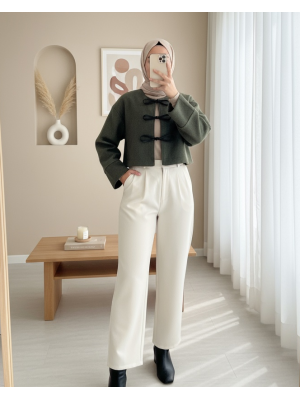 Önü Bağcıklı Kaşe Ceket -Haki