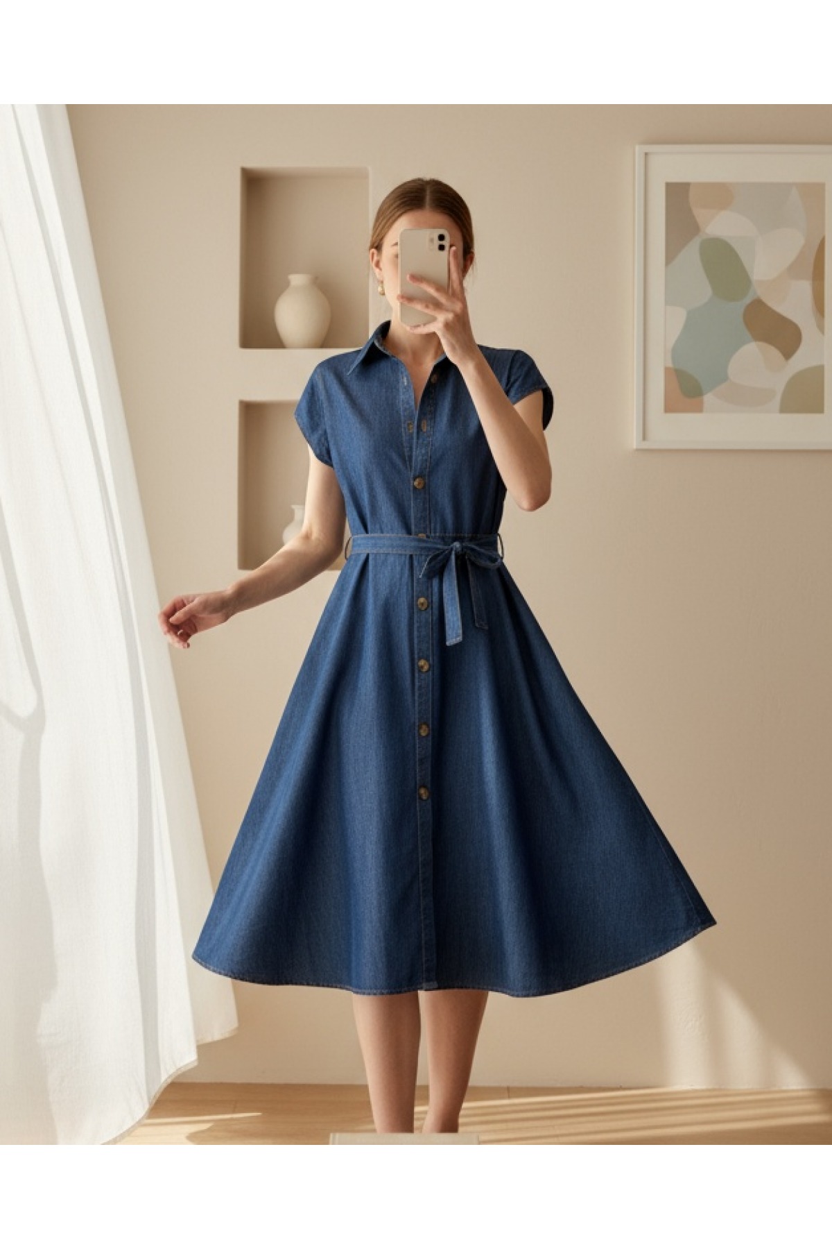 1677 Buttoned Belted Denim Dress 