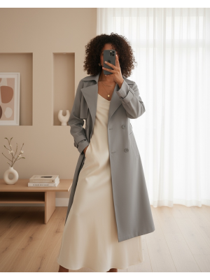 5918 Kruvaze Yaka Trençkot - Gri