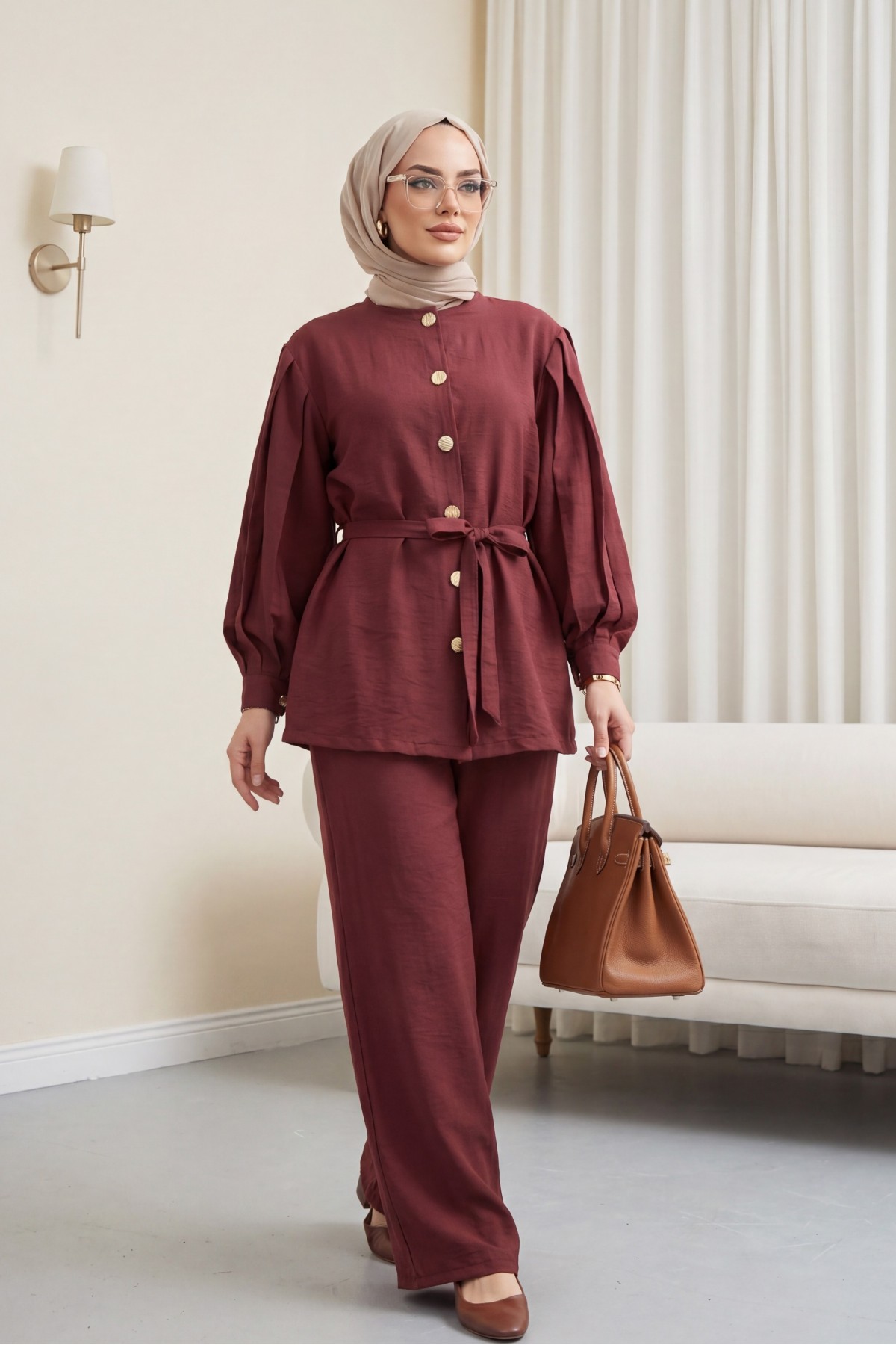 Lena Set with Watermelon Sleeves and Drawstring Waist Trousers -Damson