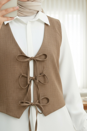 Front Tie Vest Trousers Two Piece Set   -Brown