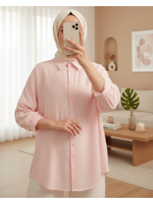 3900 Oversize Uzun Basic Gömlek - Pudra