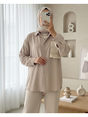 Örgü Cepli Düğmeli Ayrobin Gömlek -Açık Vizon