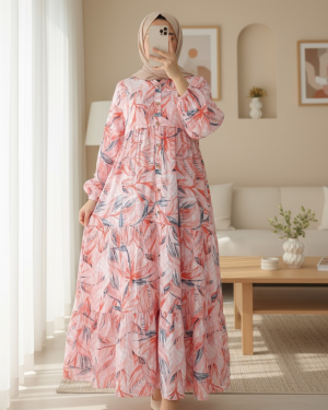 Floral Patterned Half Buttoned Dress with Elastic Sleeves -Brick color
