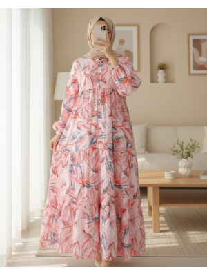 Floral Patterned Half Buttoned Dress with Elastic Sleeves -Brick color