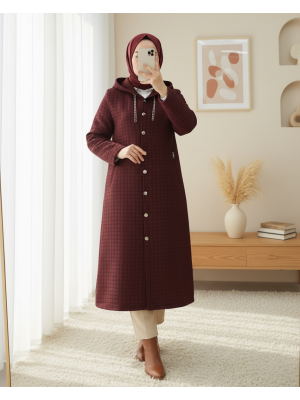 Yakası Zincir Detaylı Uzun Kapitone Kaban    -Bordo