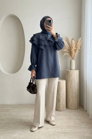 Wide Layered Collar Tunic with Elasticated Cuffs, Tie Waist, and Slit -Navy blue