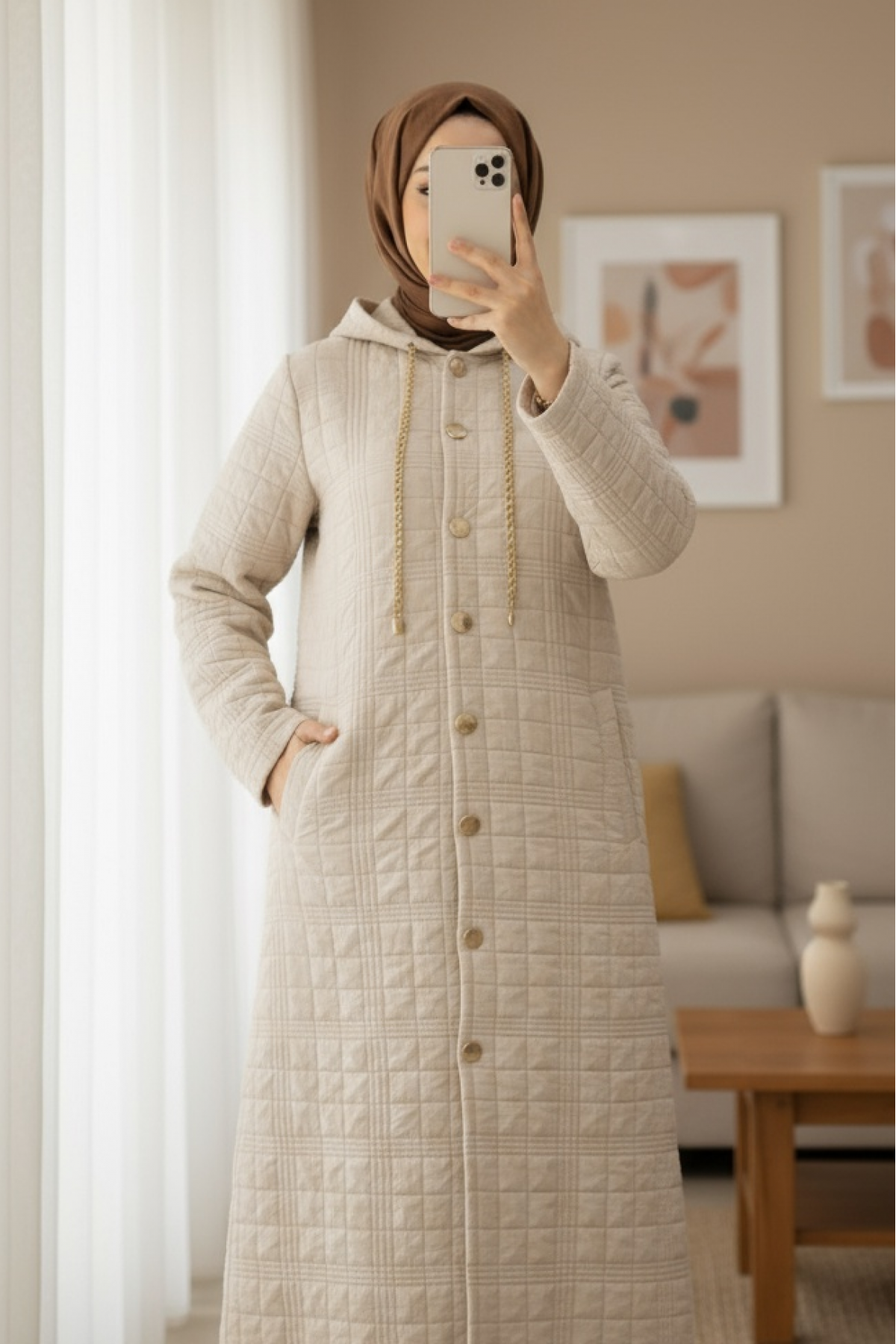 Hooded Button-Front Quilted Coat with Chain Detail -Stone