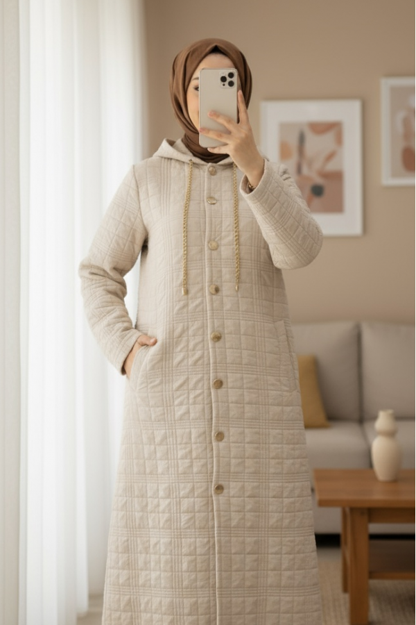 Hooded Button-Front Quilted Coat with Chain Detail -Stone