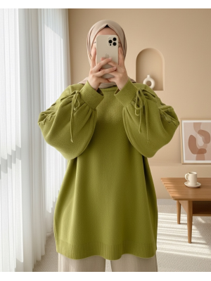 Yuvarlak Yaka Kolu Örgü Detaylı Triko Kazak    -Yağ Yeşili