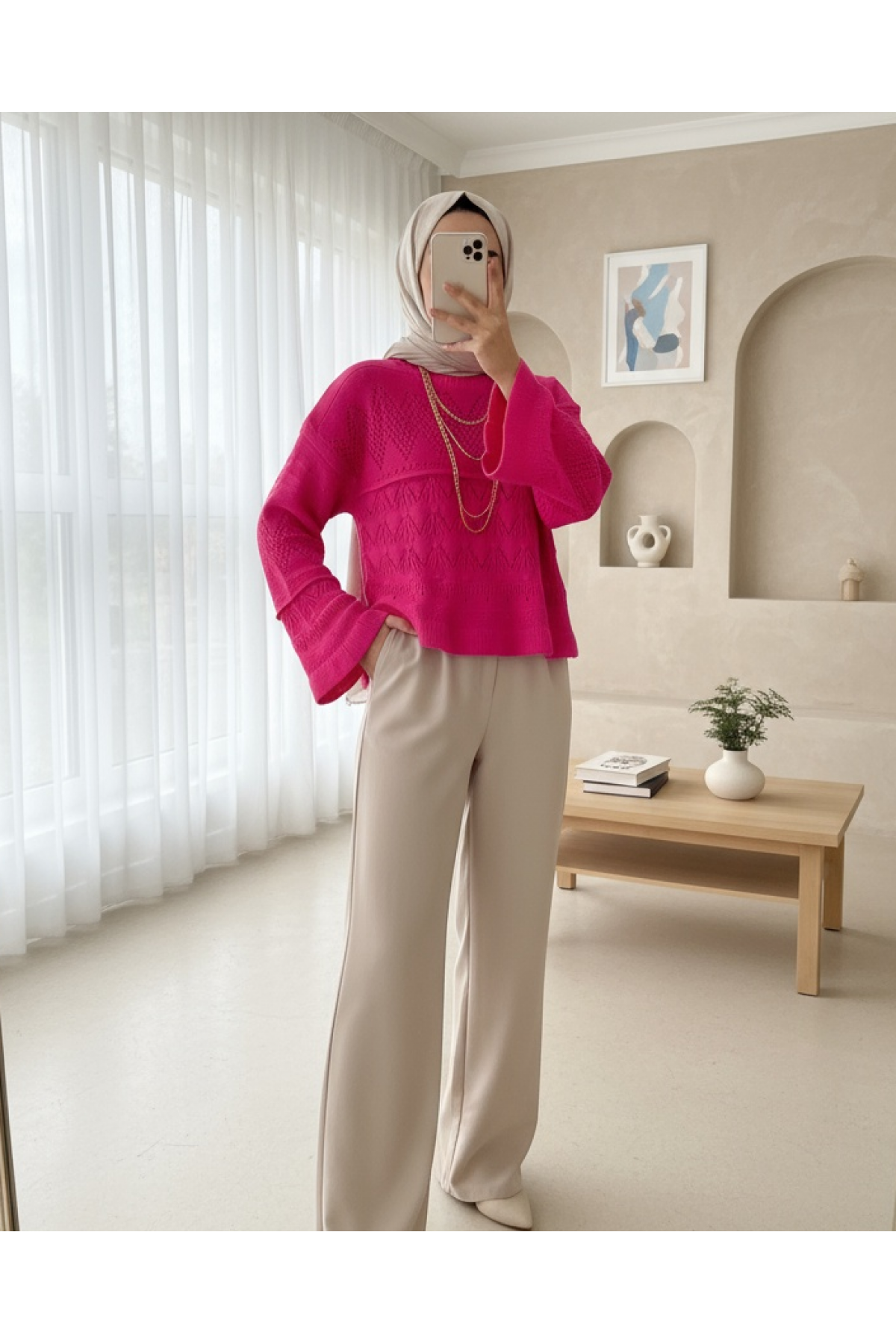 Openwork Pompom Long Sleeve Knitwear Sweater -Fuchsia