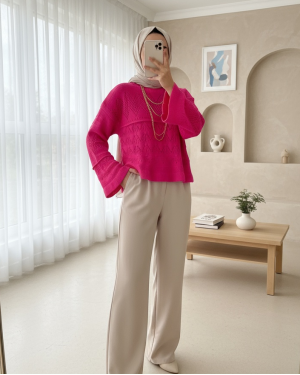 Openwork Pompom Long Sleeve Knitwear Sweater -Fuchsia