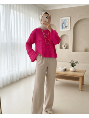 Ajurlu Ponponlu Uzun Kol Triko Kazak -Fuşya