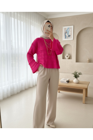 Openwork Pompom Long Sleeve Knitwear Sweater -Fuchsia