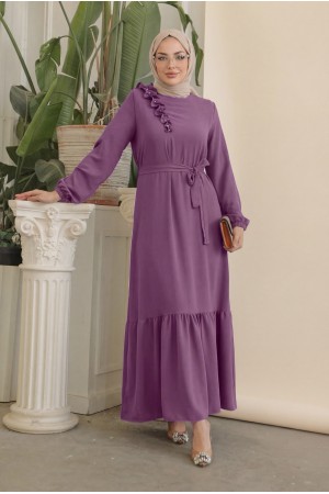 Fırfır Taş Detaylı Parça Eteklii Kemerli Ayrobin Elbise  -لون الكرز