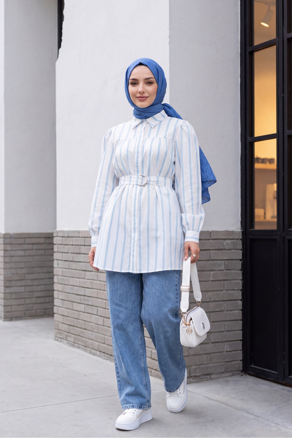 Thick Striped Buckle Belt Shirt -Light blue