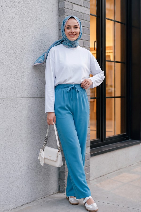 Tie Waist Double Wide Leg Trousers      -Blue