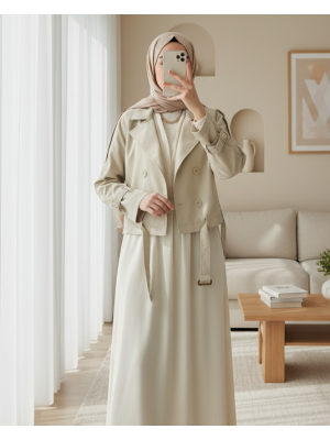 Kadın Kemerli Kısa Trençkot 5970 - Taş