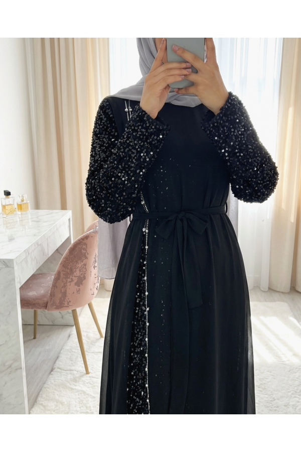 Chiffon Evening Dress with Sequined Sleeves and Belt -Black