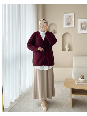 Düğmeli Salaş Triko Hırka -Bordo