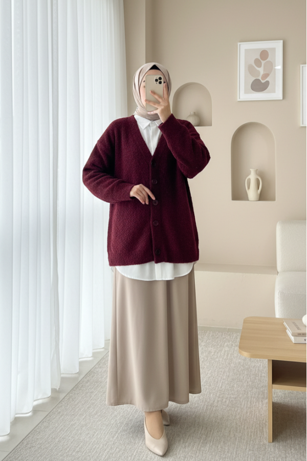 Düğmeli Salaş Triko Hırka -Bordo