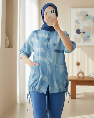 20226 Desenli Oversize Gömlek - Mavi