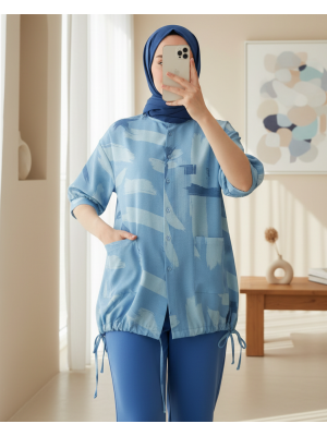 20226 Desenli Oversize Gömlek - Mavi