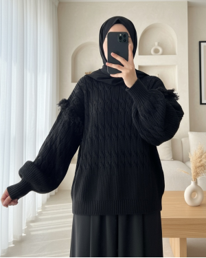 Balloon Sleeve Tassel Knitwear Sweater -Black