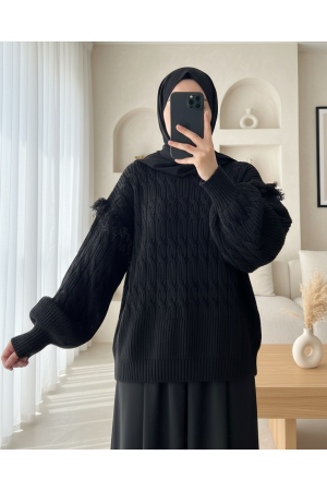 Balloon Sleeve Tassel Knitwear Sweater -Black