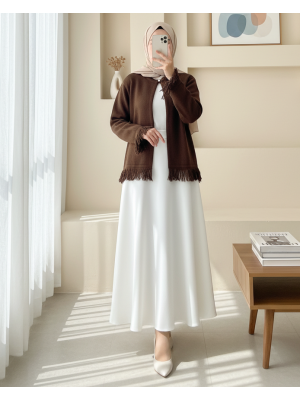 Tek Düğmeli Saçaklı Yumoş Triko Hırka   -Kahve