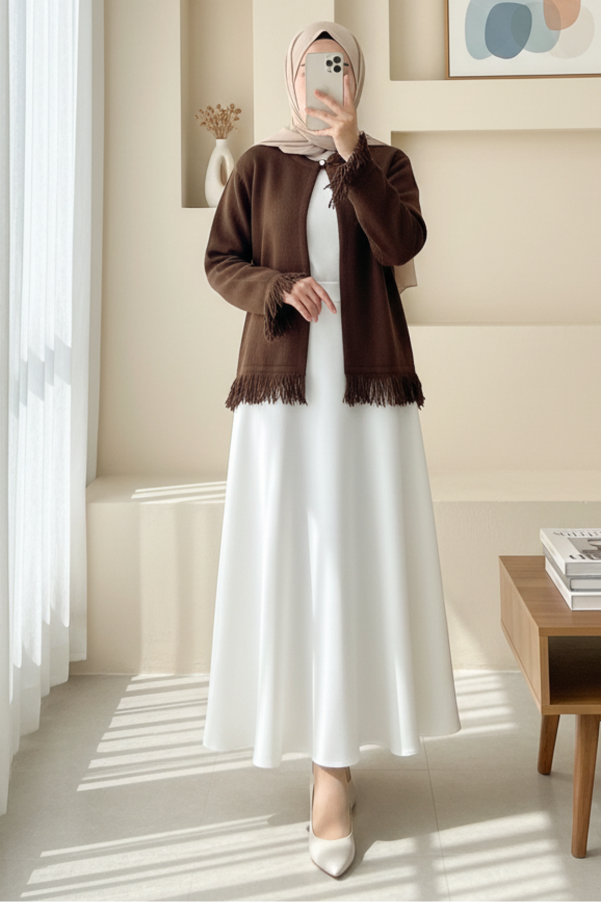 Single Button Fringed Soft Knit Cardigan -Brown