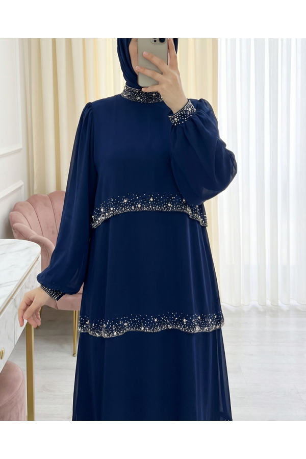 Layered Chiffon Dress with Stone Details on the Neckline, Sleeves and Layers -Navy blue