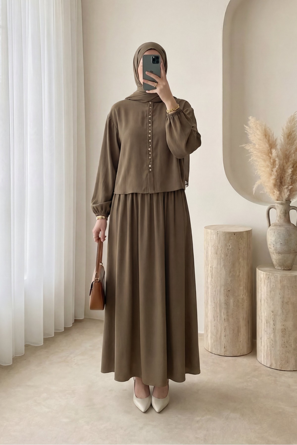 Women's Blouse and Long Skirt Set with Stone Button Details