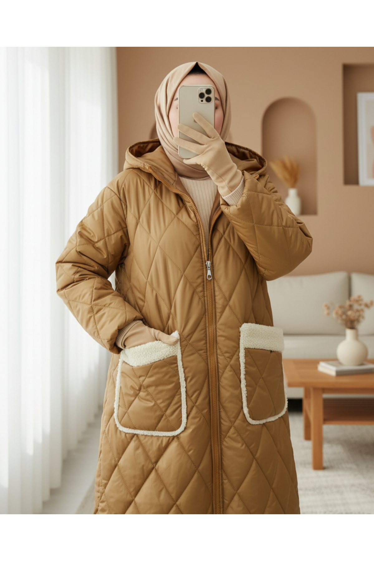 Long Quilted Coat with Pocket, Hood, Zipper and Lining-Snuff