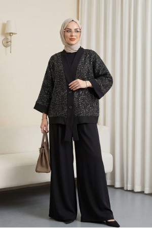 Sendy 3-Piece Set with Sequined Mesh Cardigan -Black