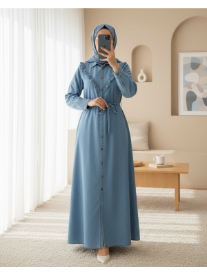 Buttoned Lace-Up Denim Dress-Blue