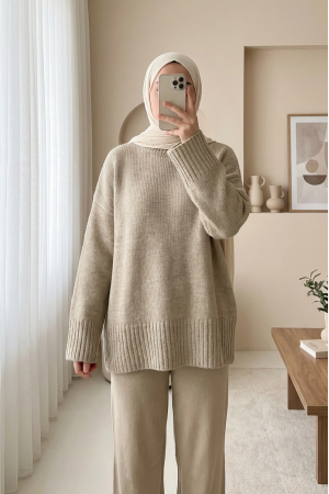 Crew Neck Skirted Ribbed Casual Knitwear Sweater            - Beige