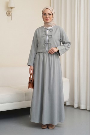 Önü Bağcıklı Beli Lastikli Etekli Keten Takım        -Gri