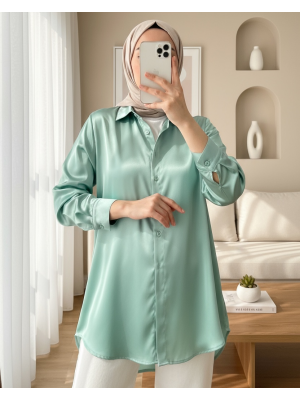 3964 Hafif Dökümlü Saten Gömlek - Çağla