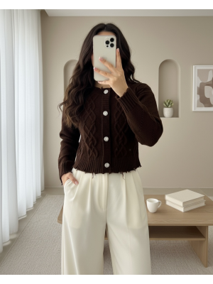 Taş Düğmeli Yırtıklı Krop Hırka  -Kahve