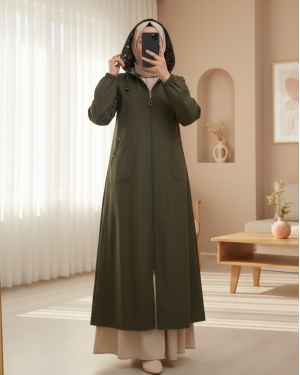 Metal Detailed Zippered Hooded Trench Coat -Khaki