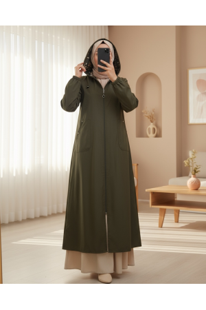 Metal Detaylı Fermuarlı Kapşonlu Trenckot -Haki