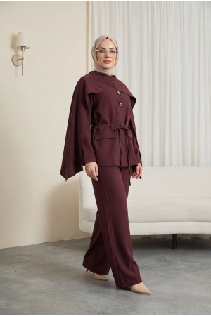 Cep Detaylı V Yaka Bağcıklı Fularlı Paraşüt Takım  -K. Bordo