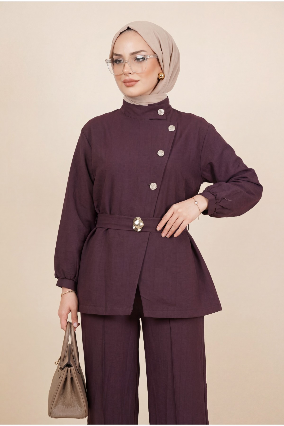 Cupra Suit with Gold Buttons, Buckle, Belt, and Ruffle Details -Damson