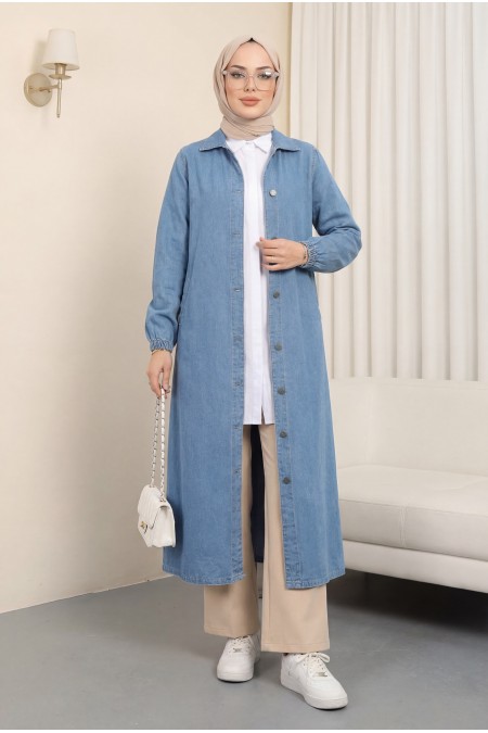 Kolu Lastikli Boydan Düğmeli Kot Kap  -Mavi