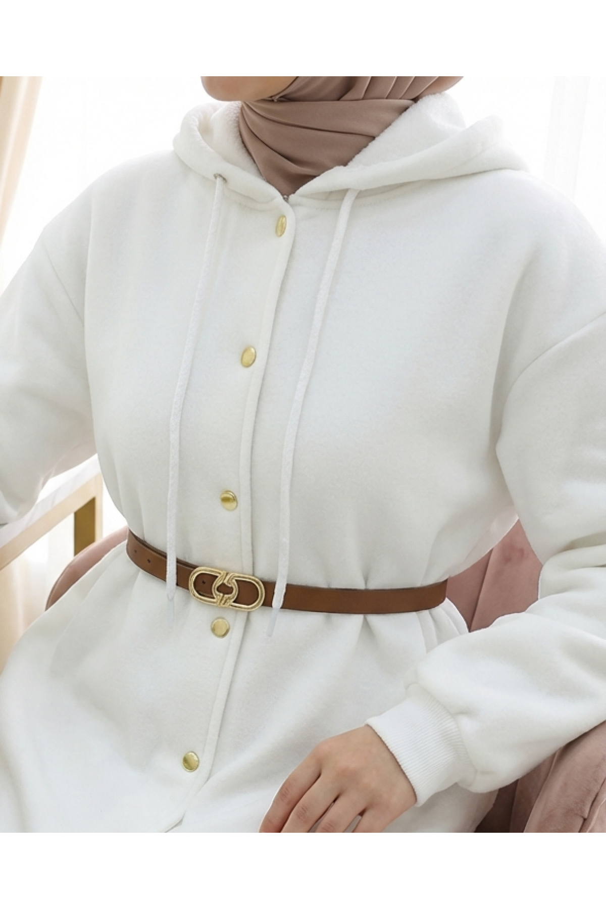 Hooded, Snap-Front, Belted, Three-Thread Sweatshirt -White
