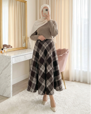 Ekose Desenli Yanı Fermuarlı  Kaşe Çan Etek    -Kahve