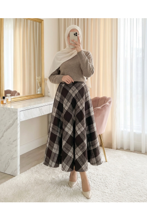 Ekose Desenli Yanı Fermuarlı  Kaşe Çan Etek    -Kahve