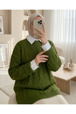 كنزة تريكو فضفاضة بنمط قرص العسل            -الفستق الأخضر