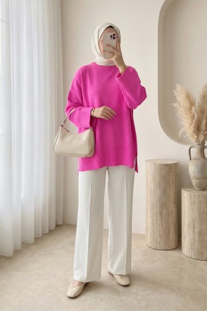 Ribbed Hem and Cuff Round Neck Slit Knit Tunic -Pink